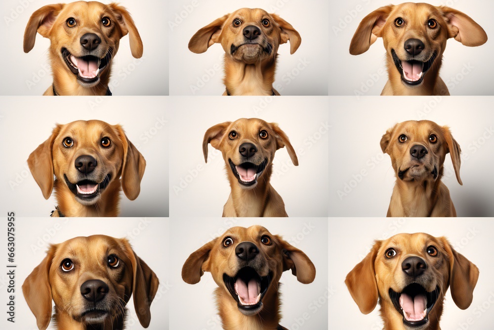 Collage set of 9 dogs portraits with different emotions. White background. funny dog face expression - obrazy, fototapety, plakaty 