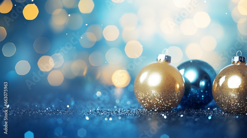 Golden and blue Christmas and New Year holidays background with bokeh  winter season post card. Copy space