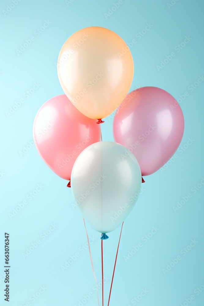 Set of pastel colors helium balloons, element of decorations for Birthday party, wedding, festival, bunch of colorful balloons flying on blue sky background, vertical