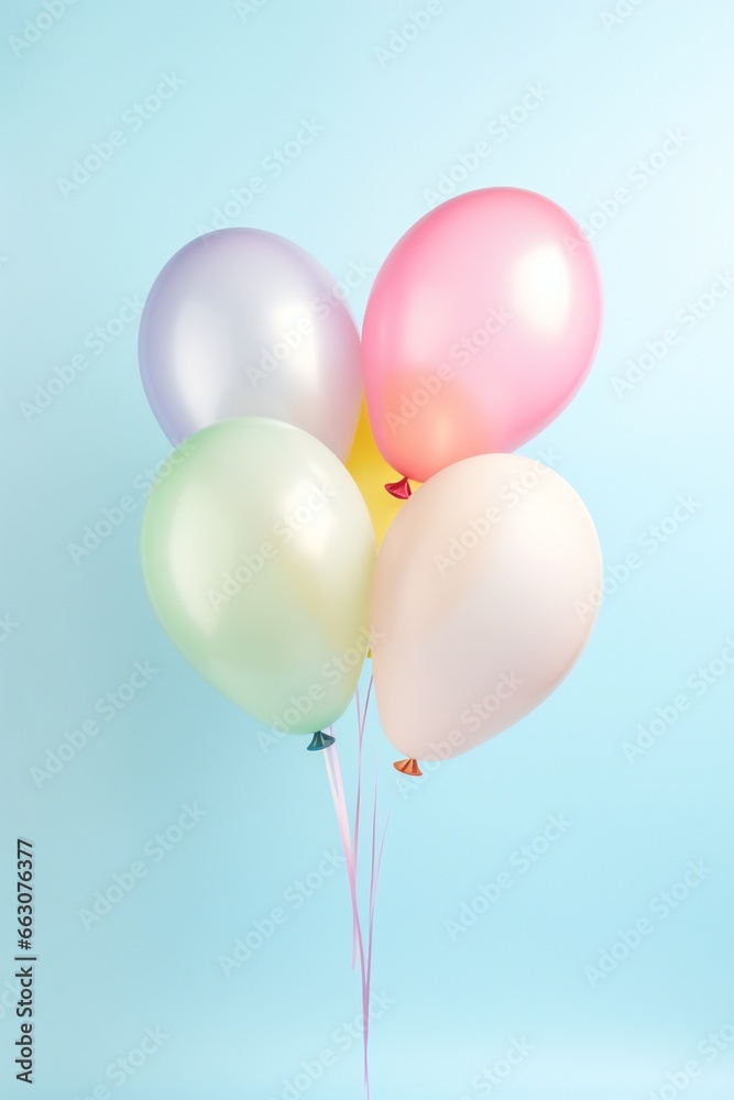 Set of pastel colors helium balloons, element of decorations for Birthday party, wedding, festival, bunch of colorful balloons flying on blue sky background, vertical