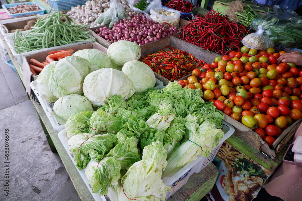 various types of vegetables on display and sold in traditional markets
