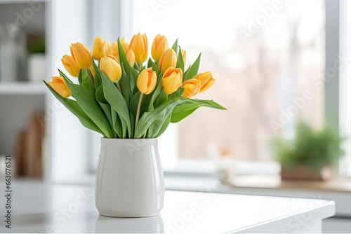 A bouquet of tulips on a white table. #663076521