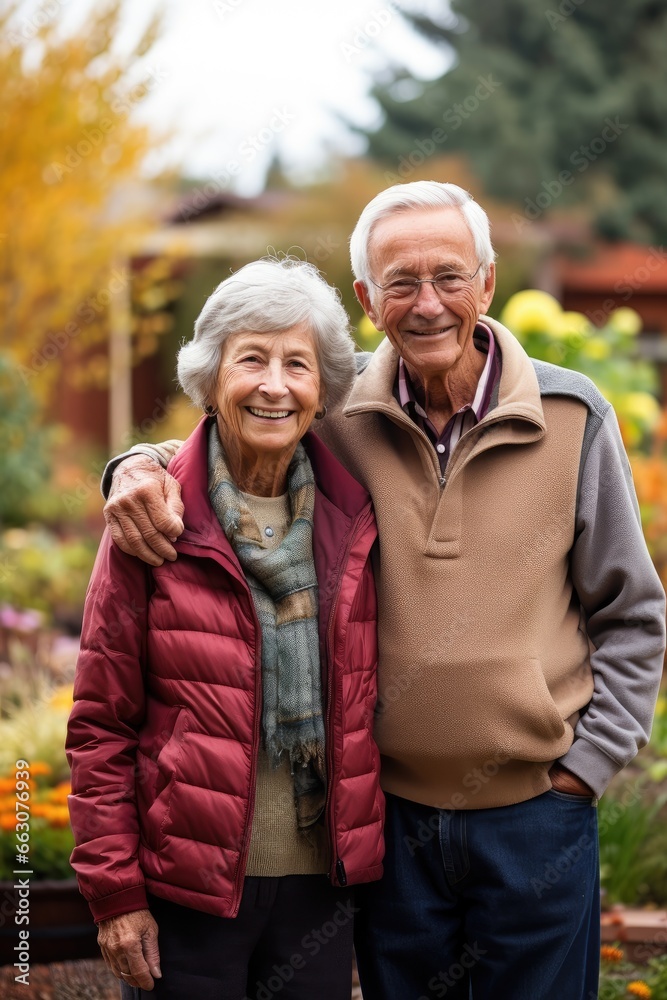 Happy senior couple in garden of their home in autumn Happy senior couple in garden of their home in autumn