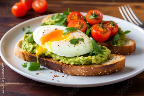 Avocado toast with eggs and roasted tomatoes.