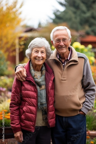Happy senior couple in garden of their home in autumn