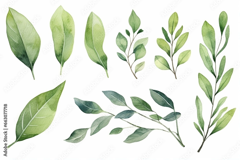 Watercolor illustrations of wedding greenery twigs. Generative AI