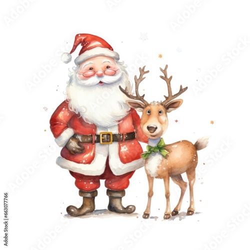Cute Santa Claus standing with reindeer. © AbGoni