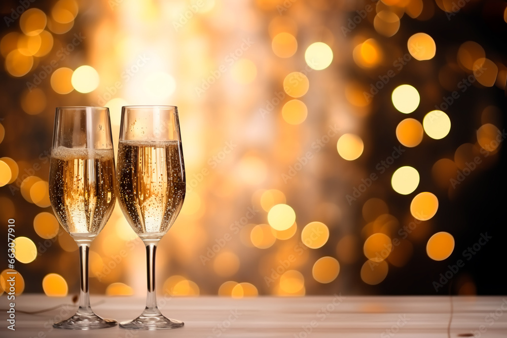 Two glasses of champagne on the table. New Year's champagne. Christmas background Two glasses of champagne on the table. New Year's champagne. Christmas background