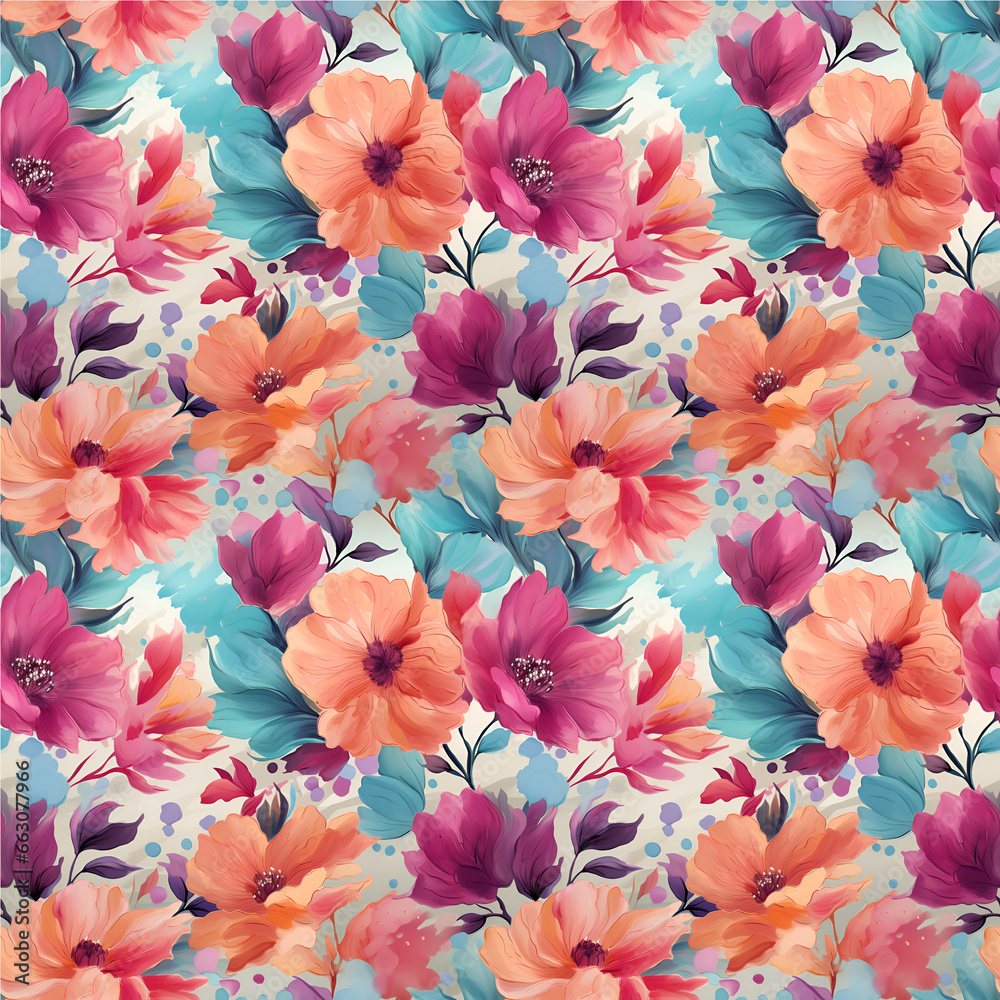 Seamless pattern of flowers with pink blue and orange background, textured abstract art textile flower design, Paint wash bleeds in paper, Perfect for textiles and decoration, Wallpaper and packaging