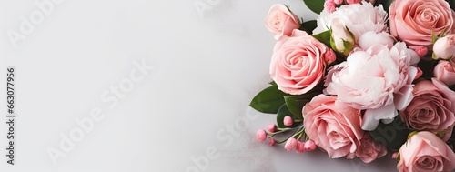 Fresh bunch of pink peonies and roses with copy space. © AbGoni