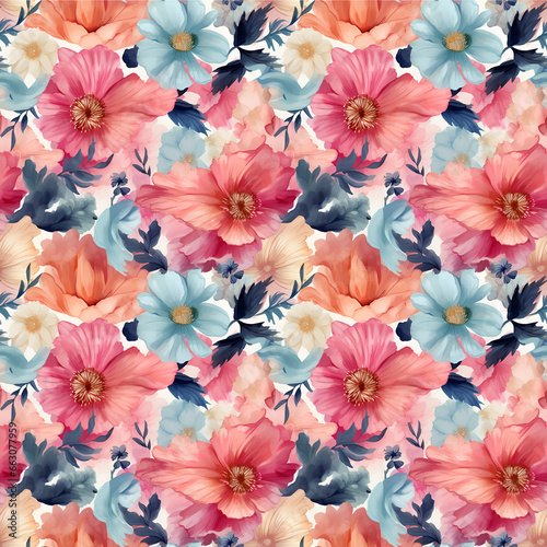 Seamless pattern of flowers with pink blue and orange background, textured abstract art textile flower design, Paint wash bleeds in paper, Perfect for textiles and decoration, Wallpaper and packaging