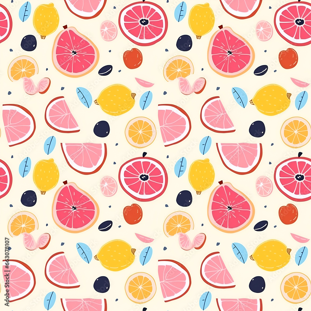 Seamless of fruits with lemon fruit, apple, berry, fruit pattern looking like unfinished watercolors, Design for fashion, Fabric, Textile, Fashionable print for textiles, Wallpaper and packaging