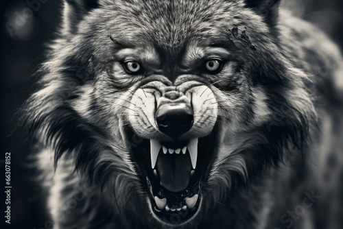 Greyscale closeup shot of an angry wolf with a blurred background.