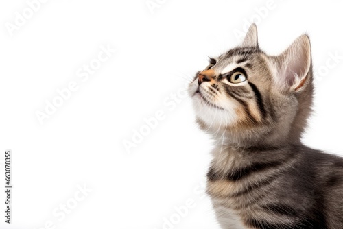 Playful funny kitten looking up isolated on a white background. © AbGoni