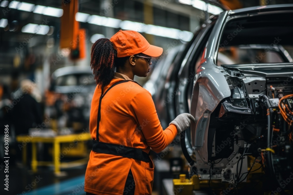 Worker working at a car automobile factory assembly line Worker working at a car automobile factory assembly line