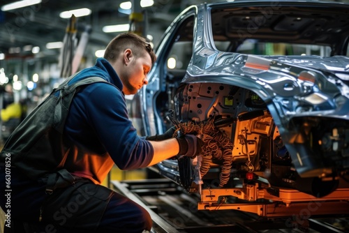 Worker working at a car automobile factory assembly line