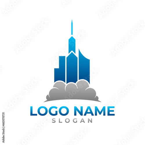 City pollution vector logo.Blue city building on the cloud logo template.