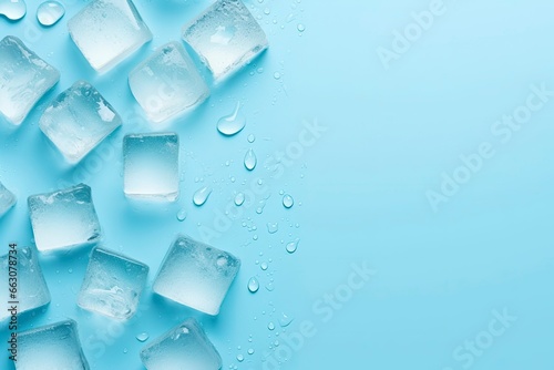 Cubes of ice and drops are isolated on the blue background with empty space.