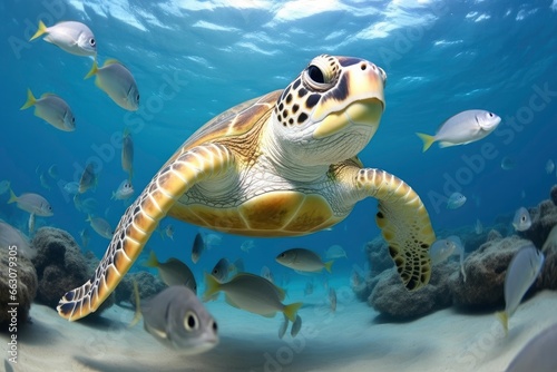 Turtle closeup with school of fish. © AbGoni