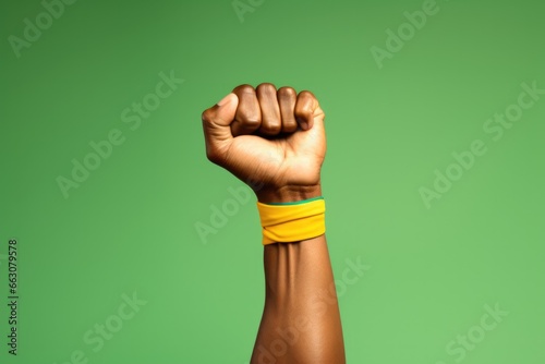Leinwand Poster Black man raising a fist with yellow wristband on green background