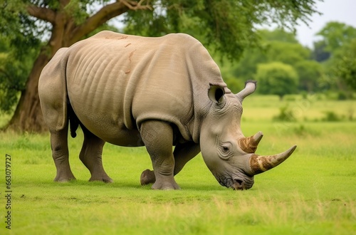 White Rhino grazing.