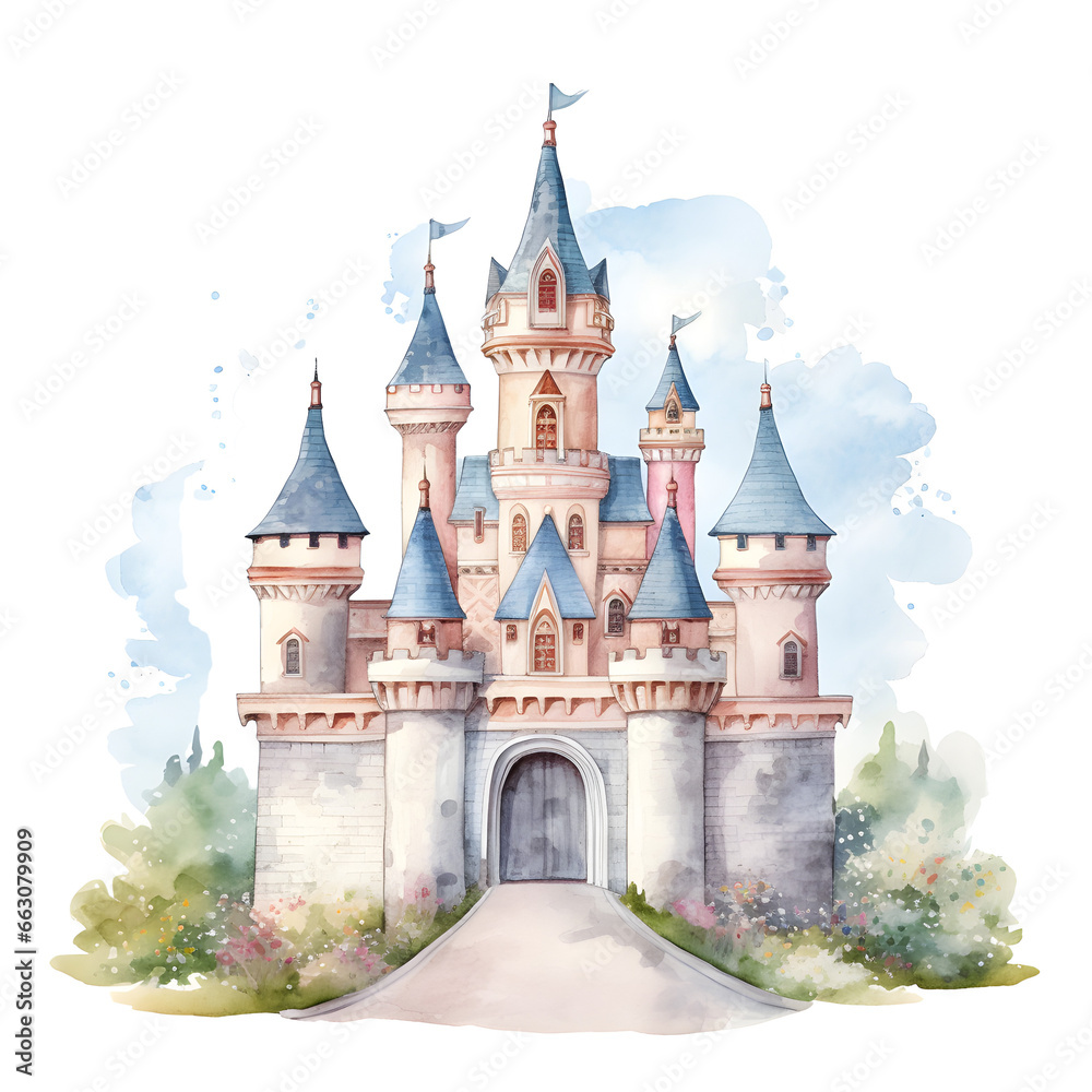 Fairy Tales watercolor painting. castle in pastel color. - obrazy, fototapety, plakaty 
