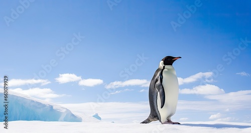 Penguin standing in Antarctica looking into the blue sky.