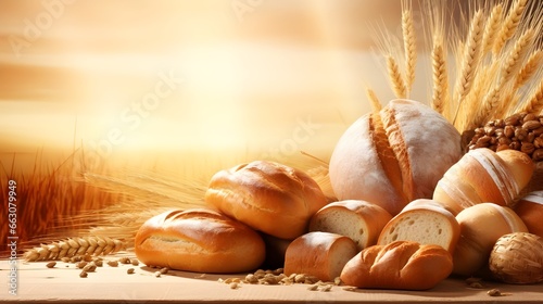 Bread and lots of fresh bread buns in a basket on a wooden table,bread and wheat