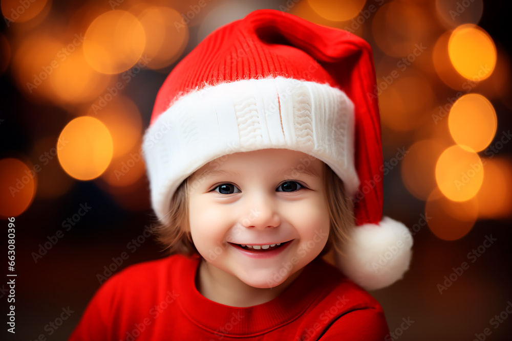Portrait of a cheerful child in a red Santa hat. Christmas photo. Portrait of a cheerful child in a red Santa hat. Christmas photo.