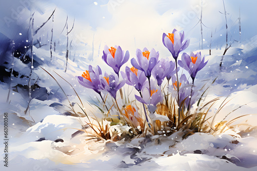 Whimsical Artistic Illustration of Blooming Crocus Flowers Braving the Winter Snow © ELmidoi-AI