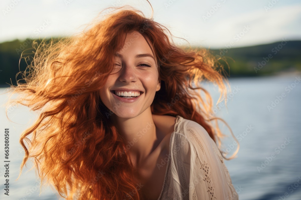Happy redhead woman with tousled hair by lake