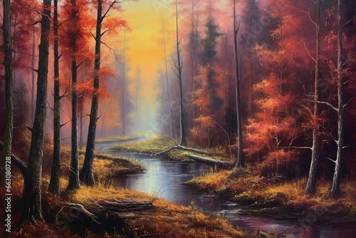 An oil painting depicting a scenic autumn forest. Generative AI