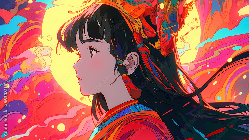 Naklejka premium Hand-drawn cartoon animation of beautiful Chinese costume girl illustration 