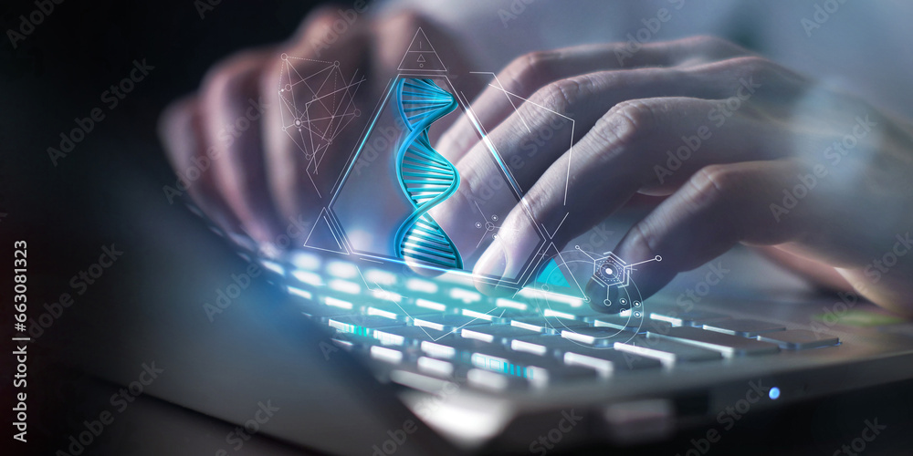 Fototapeta premium DNA analysis in the form of a projection in front of a laptop.