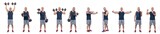 Healthy and active senior man with different professional fitness posture set of weight and body training on isolated background in full body length shot. Clout
