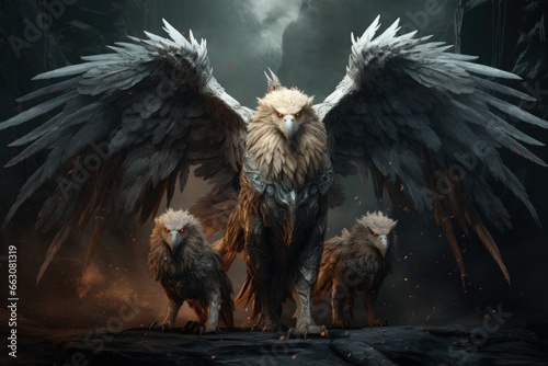 Loyal griffins, majestic creatures with the body of a lion and the wings of an eagle - Generative AI © Sidewaypics