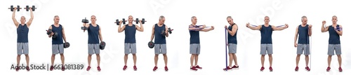 Healthy and active senior man with different professional fitness posture set of weight and body training on isolated background in full body length shot. Clout