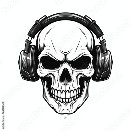 Skull with headset vector illustration. head of character in headphones black and white