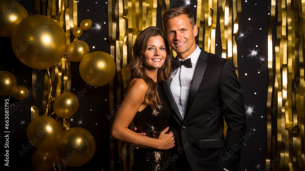 Elegant New Year's Eve party: glamorous guests in tuxedos and gowns against a shimmering gold backdrop Elegant New Year's Eve party: glamorous guests in tuxedos and gowns against a shimmering gold backdrop