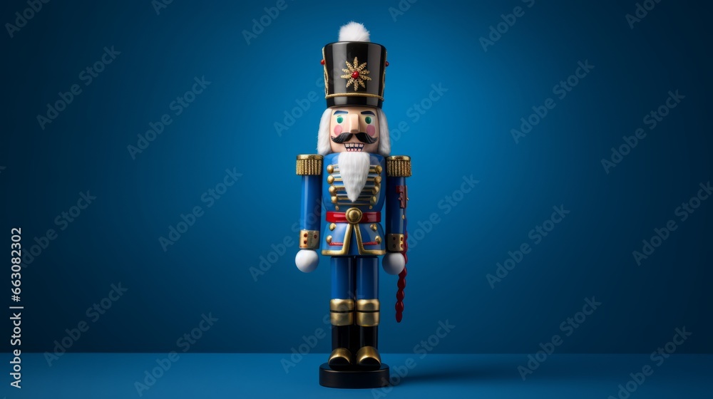 Festive Nutcracker soldier standing tall in a regal blue background Festive Nutcracker soldier standing tall in a regal blue background