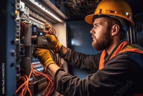 A worker male commercial electrician at work on a fuse box, demonstrating professionalism. photo