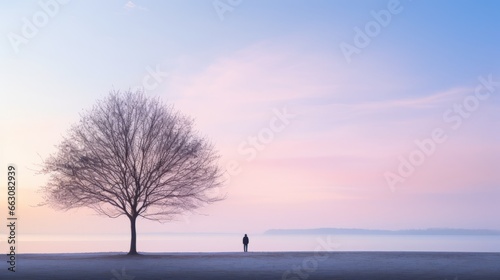 A lone figure looking out at the sunrise on a serene pink background in the new year