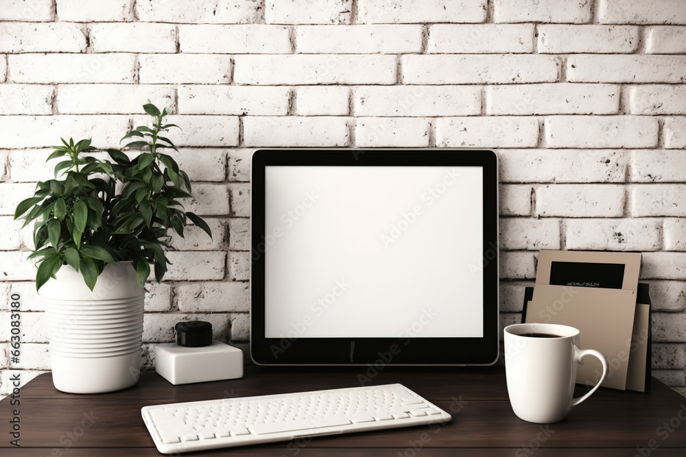 Fototapeta premium White table with brick wall, laptop, picture frame, coffee cup, and stationery. Generative AI