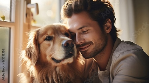 hipster man snuggling and hugging his dog, close friendship loving bond between owner and pet husky