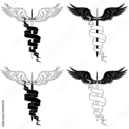 Winged medieval sword surrounded by a ribbon