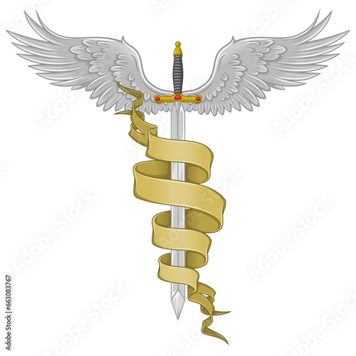 Winged medieval sword surrounded by a ribbon