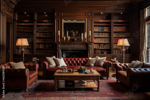 Plan a traditional library with rich wood paneling and classic furniture