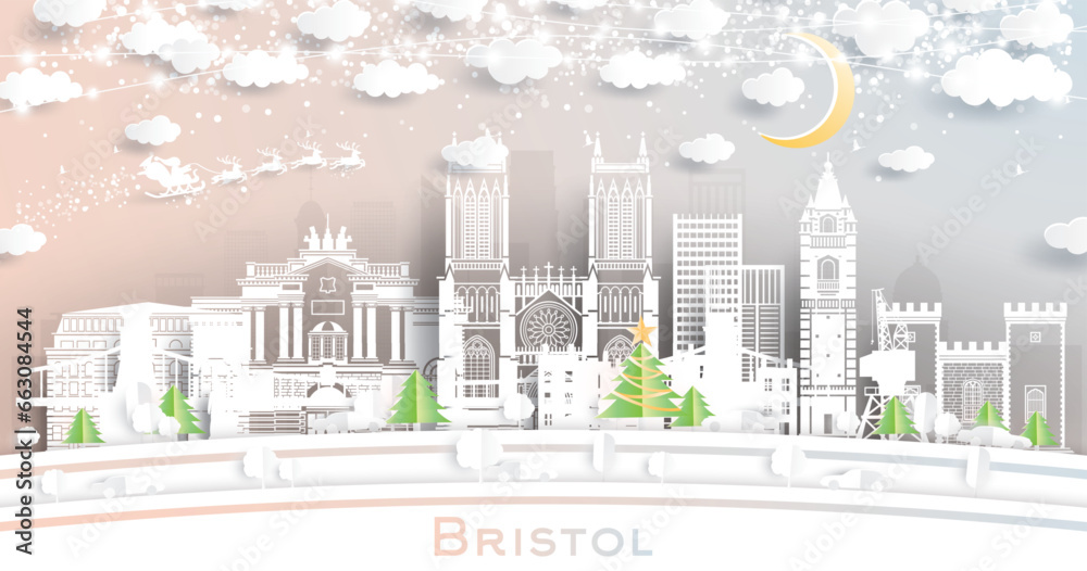 Bristol UK. Winter City Skyline in Paper Cut Style with Snowflakes, Moon and Neon Garland. Christmas, New Year Concept. Santa Claus. Bristol England Cityscape with Landmarks.