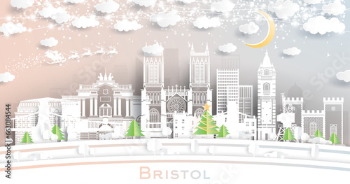 Bristol UK. Winter City Skyline in Paper Cut Style with Snowflakes, Moon and Neon Garland. Christmas, New Year Concept. Santa Claus. Bristol England Cityscape with Landmarks.
