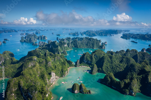Aerial view of Ha Long Bay on beautiful sunny day photo